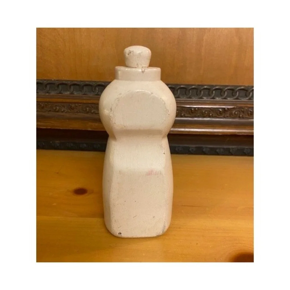 Vintage Wooden Play Food Dish Soap Bottle Pink Floral Label Kitchen Toy 5 Inch
